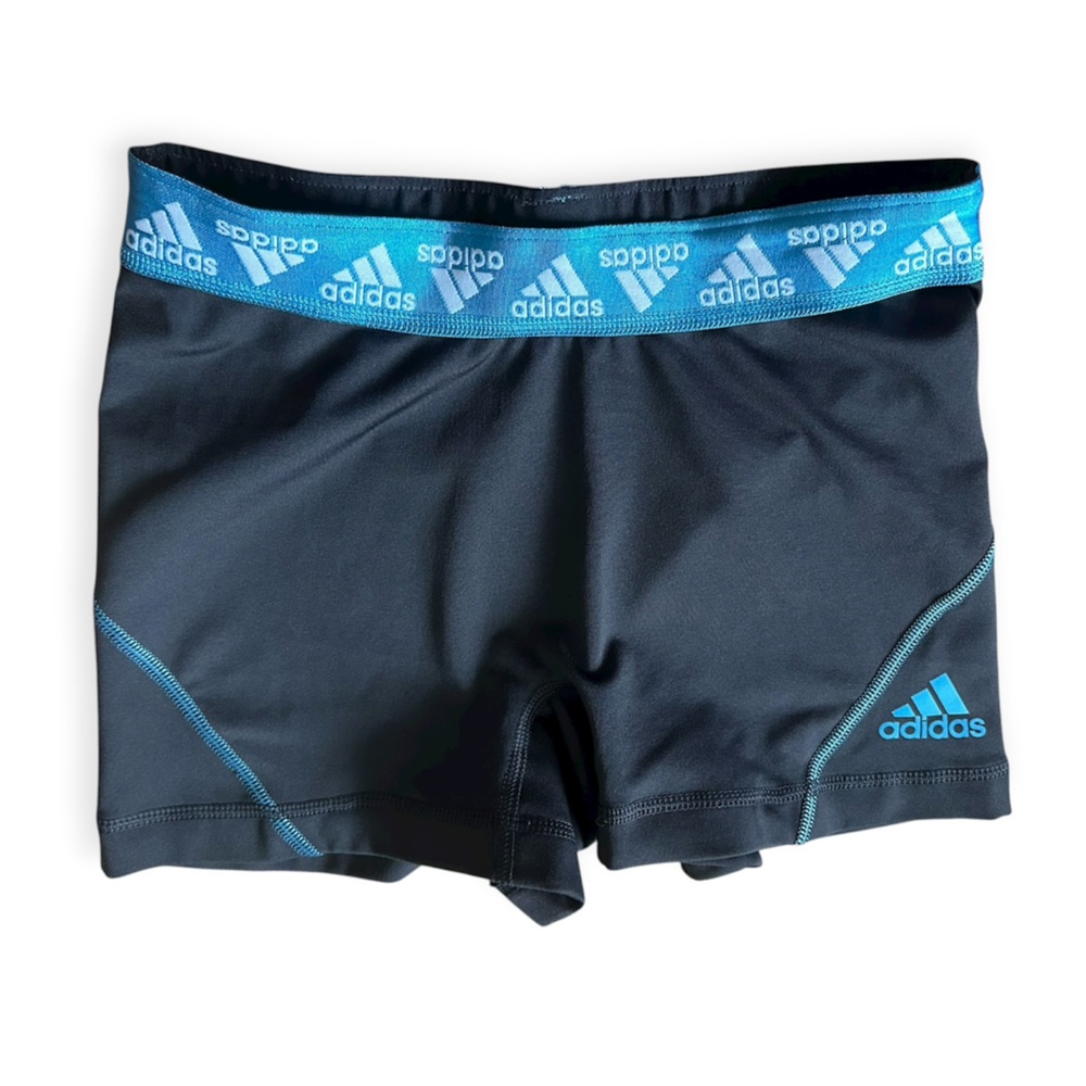 adidas Compression Biker Shorts Athletic Gray Blue Logo Waist Band Womens Small